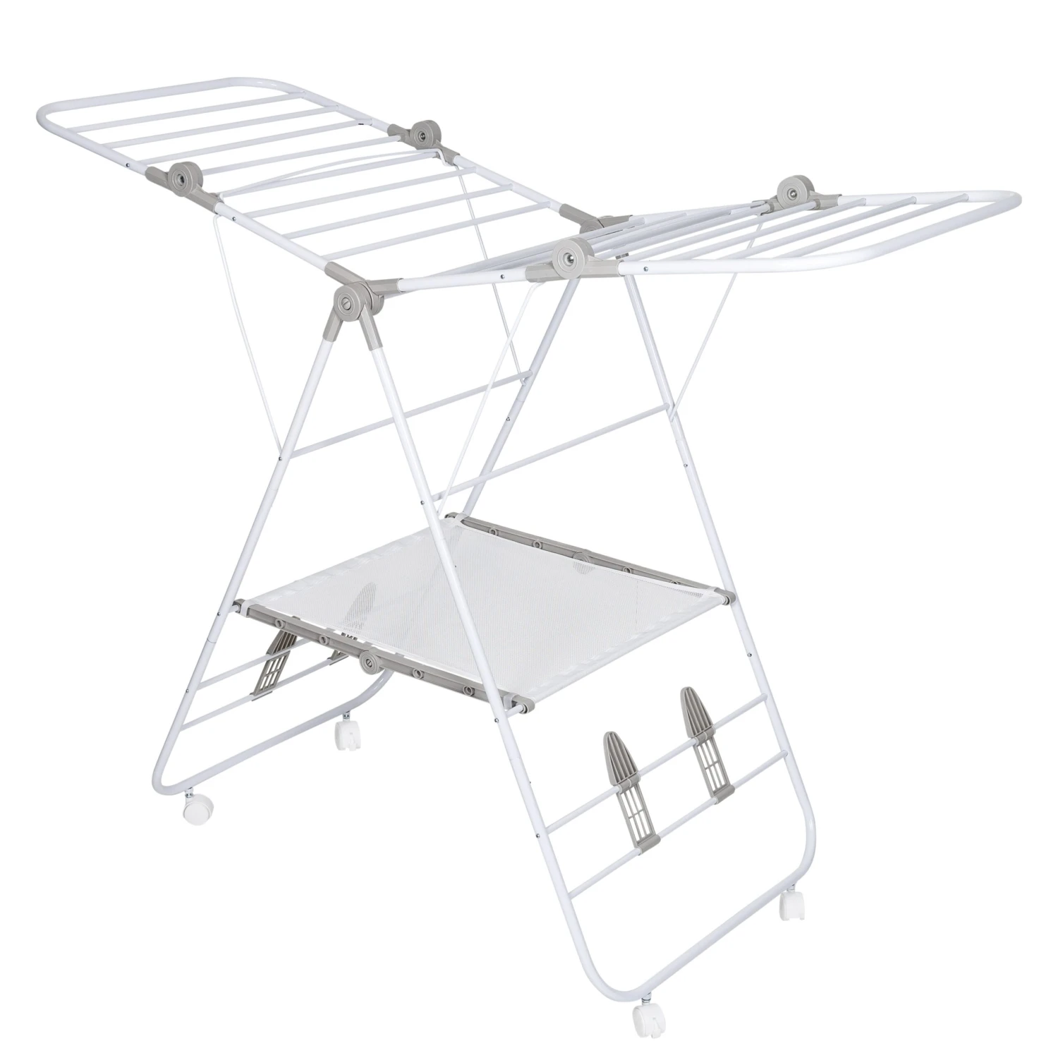 White Folding Gullwing Clothes Drying Rack With Wheels