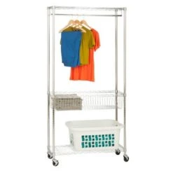 Chrome Rolling Laundry Station With Hanging Bar, Basket, And Shelves