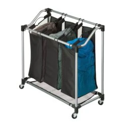 Black/Silver Rolling Triple Laundry Sorter
