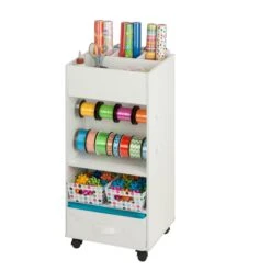 White Gift Wrap Or Craft Storage Cart With Fabric Bin
