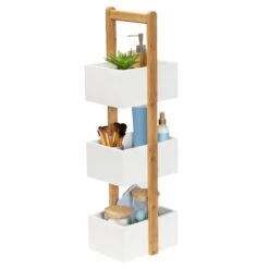 Natural Bamboo/White 3-Tier Bath Storage Caddy