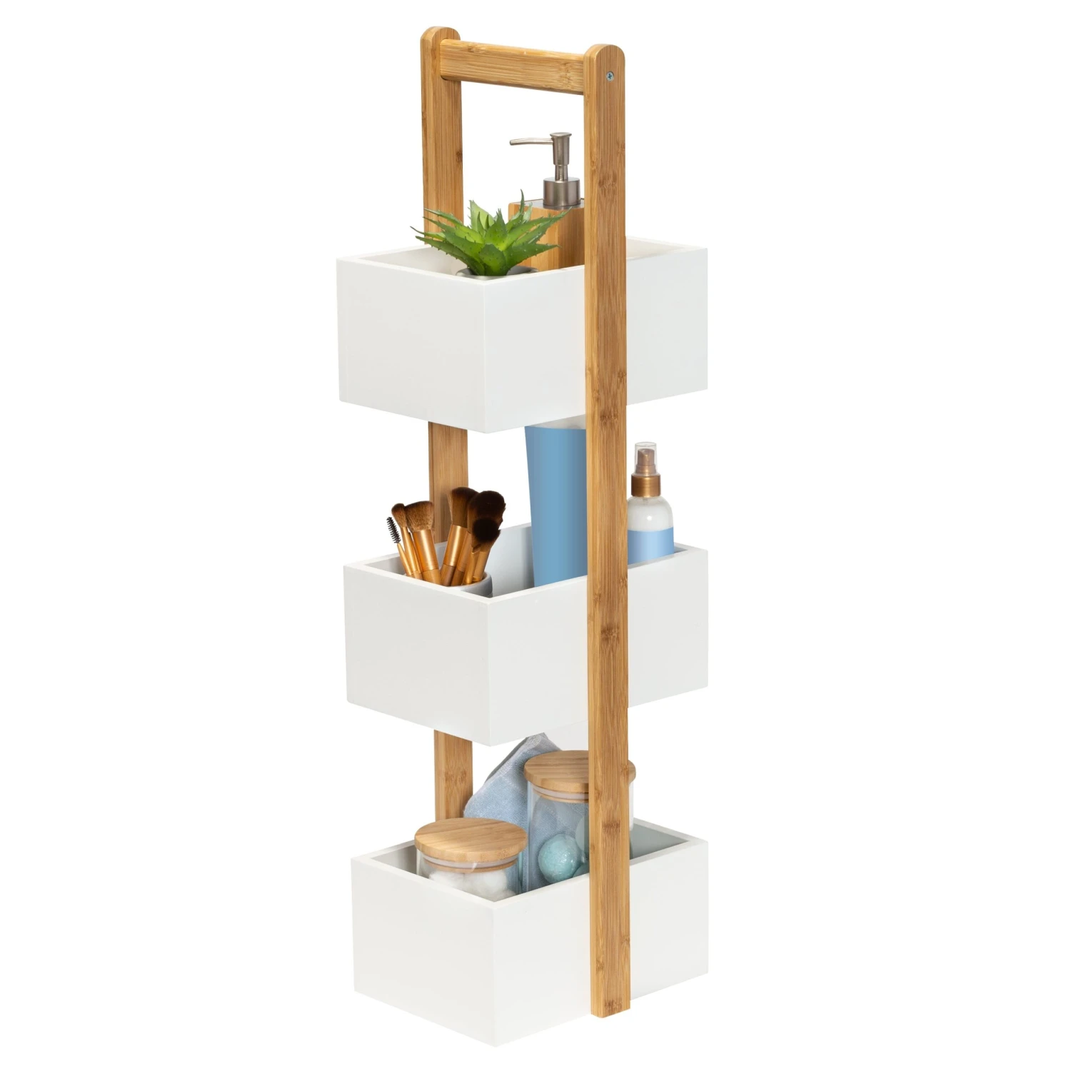 Natural Bamboo/White 3-Tier Bath Storage Caddy