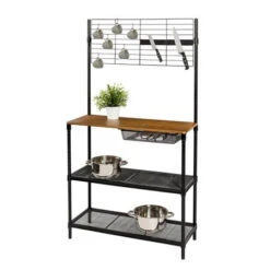 Black/Wood Baker's Rack With Cutting Board And Hanging Grid